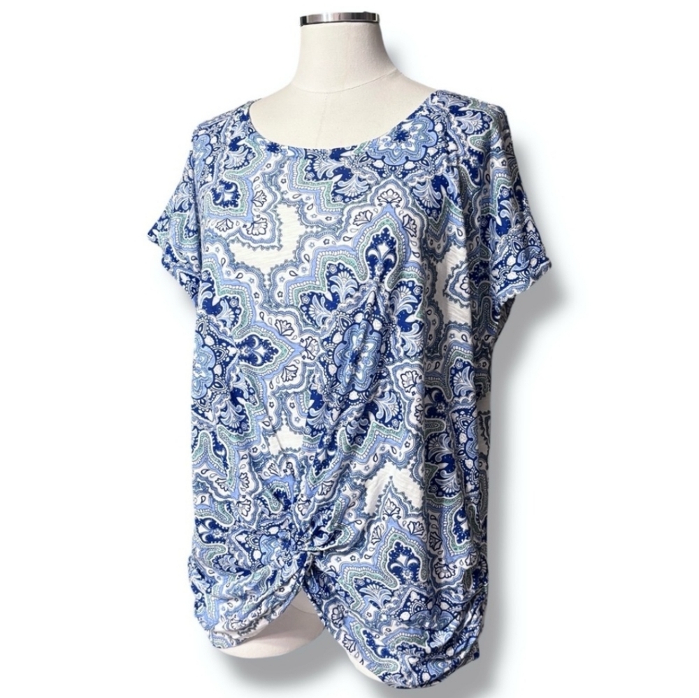 LUCKY BRAND Blue & White Medallion Print Cotton & Modal Crewneck Shirt NWT!